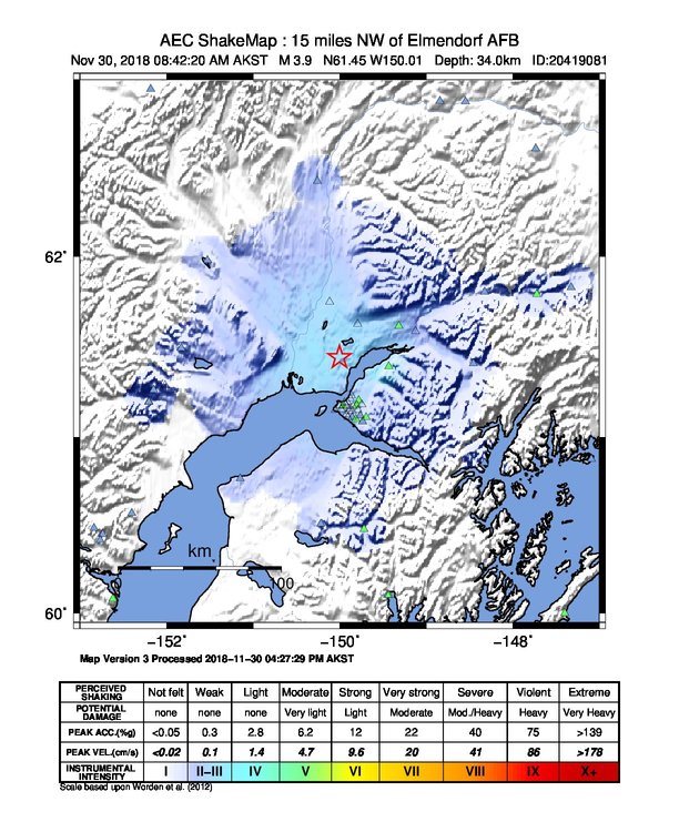 USGS ShakeMap: estimated shaking intensity around the epicenter
