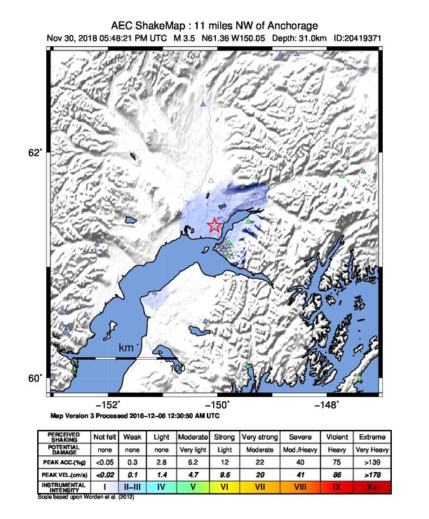 USGS ShakeMap: estimated shaking intensity around the epicenter