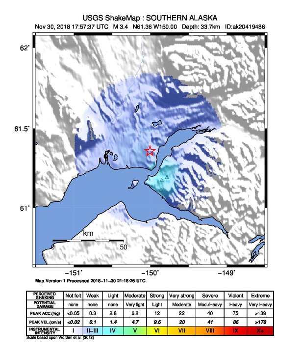 USGS ShakeMap: estimated shaking intensity around the epicenter