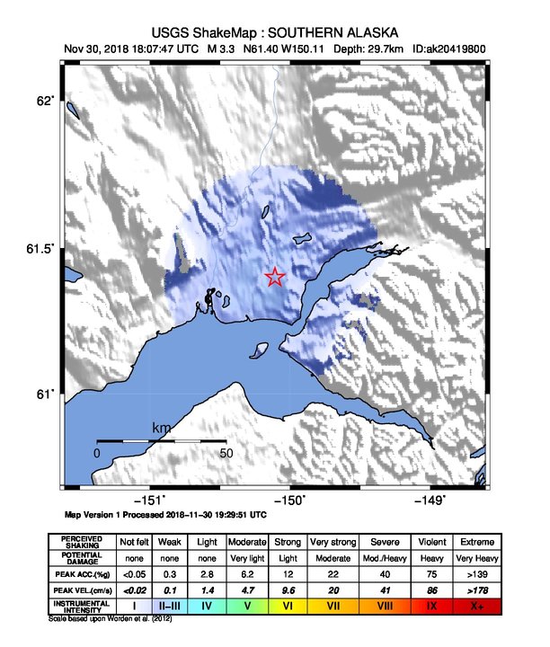 USGS ShakeMap: estimated shaking intensity around the epicenter