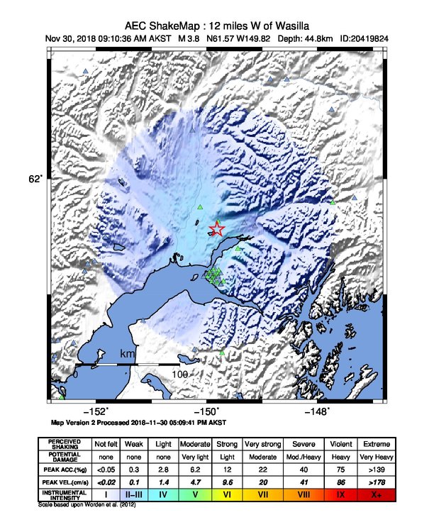 USGS ShakeMap: estimated shaking intensity around the epicenter