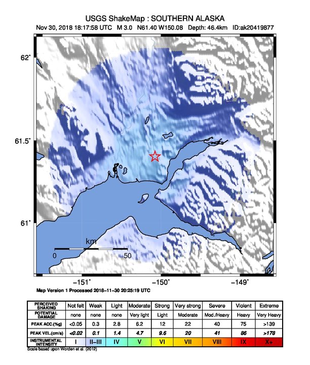 USGS ShakeMap: estimated shaking intensity around the epicenter