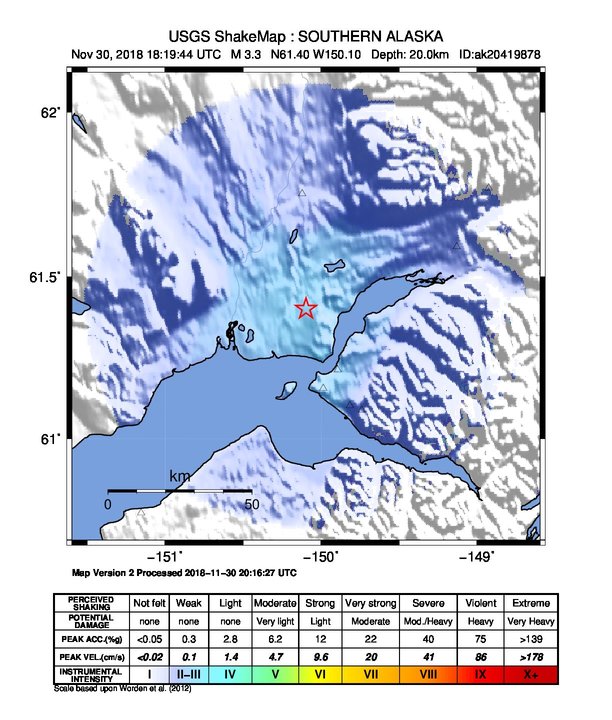 USGS ShakeMap: estimated shaking intensity around the epicenter
