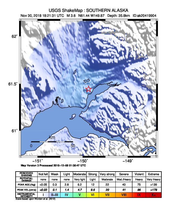 USGS ShakeMap: estimated shaking intensity around the epicenter