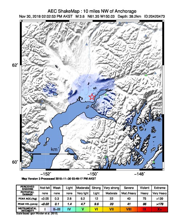 USGS ShakeMap: estimated shaking intensity around the epicenter
