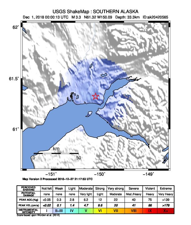USGS ShakeMap: estimated shaking intensity around the epicenter