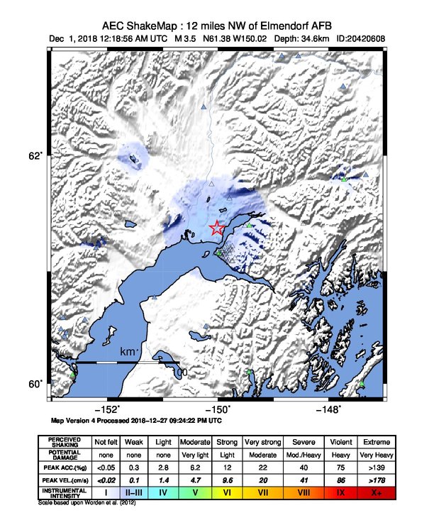 USGS ShakeMap: estimated shaking intensity around the epicenter