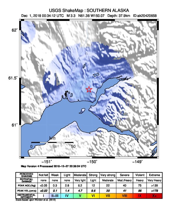 USGS ShakeMap: estimated shaking intensity around the epicenter