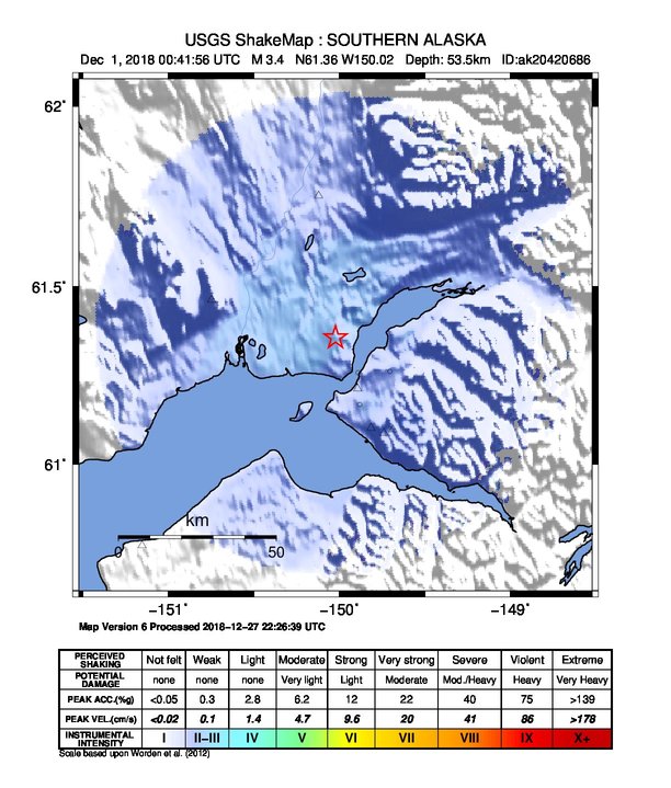 USGS ShakeMap: estimated shaking intensity around the epicenter