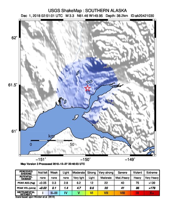 USGS ShakeMap: estimated shaking intensity around the epicenter