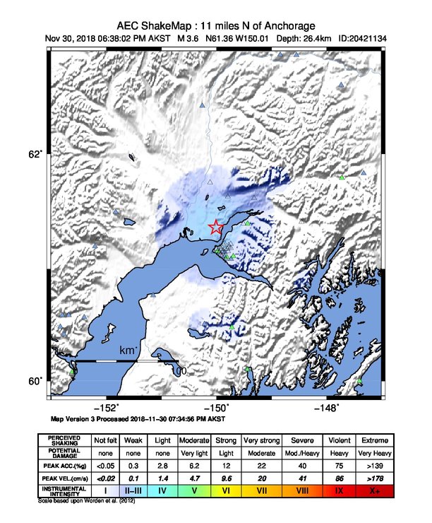 USGS ShakeMap: estimated shaking intensity around the epicenter