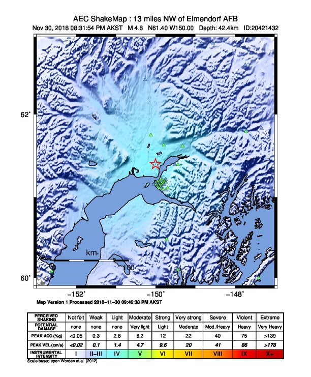 USGS ShakeMap: estimated shaking intensity around the epicenter