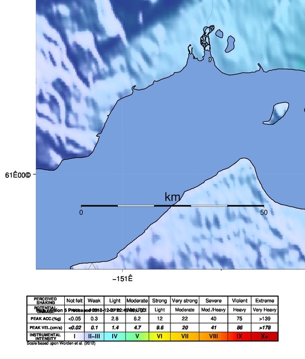 USGS ShakeMap: estimated shaking intensity around the epicenter