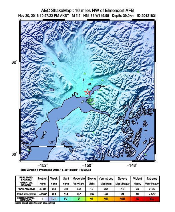 USGS ShakeMap: estimated shaking intensity around the epicenter