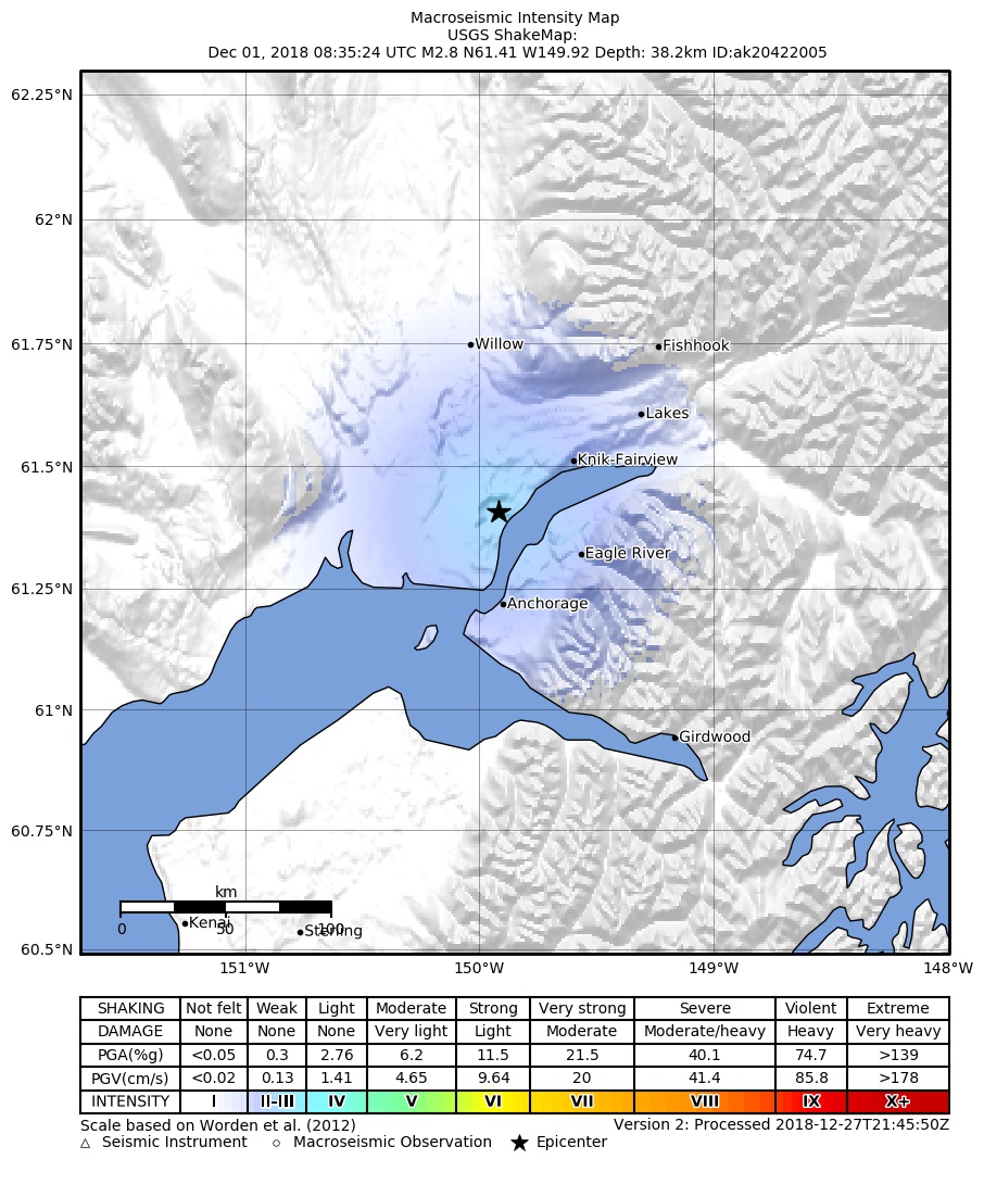 USGS ShakeMap: estimated shaking intensity around the epicenter