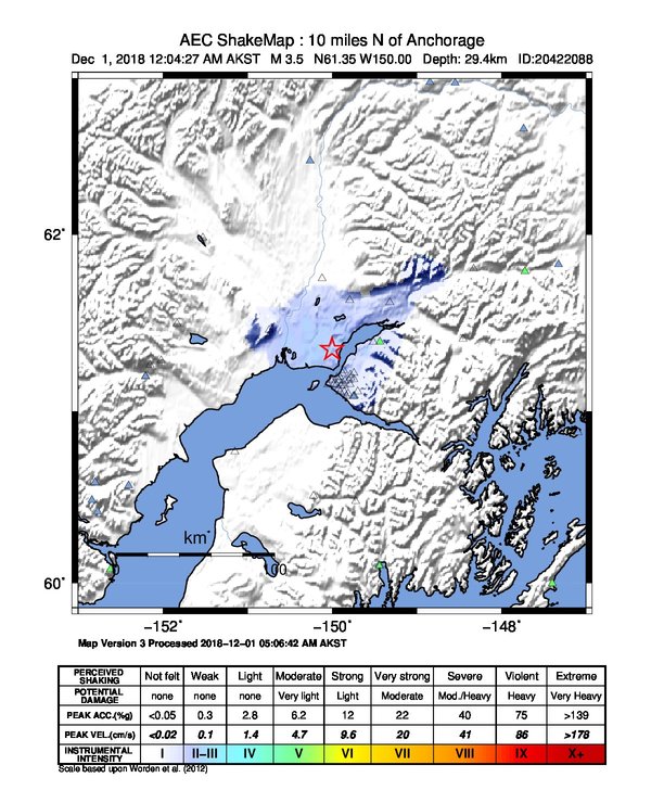 USGS ShakeMap: estimated shaking intensity around the epicenter