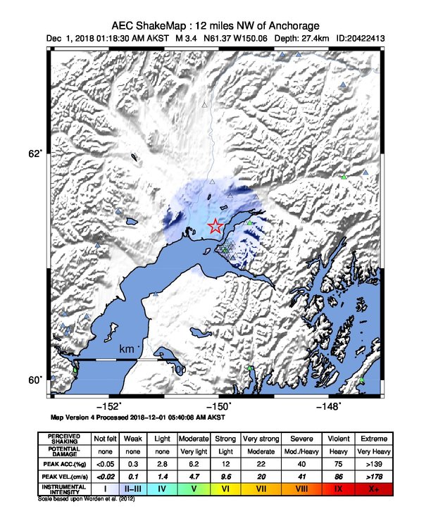 USGS ShakeMap: estimated shaking intensity around the epicenter