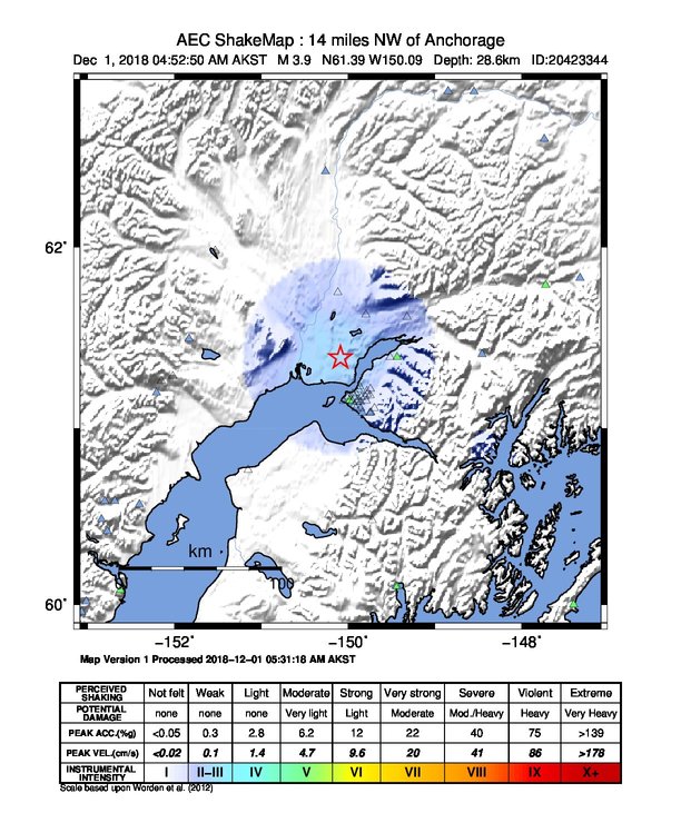 USGS ShakeMap: estimated shaking intensity around the epicenter
