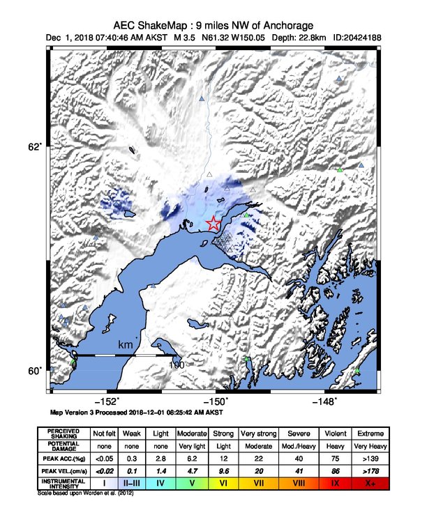 USGS ShakeMap: estimated shaking intensity around the epicenter