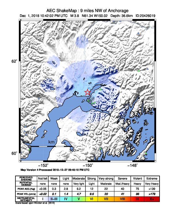 USGS ShakeMap: estimated shaking intensity around the epicenter