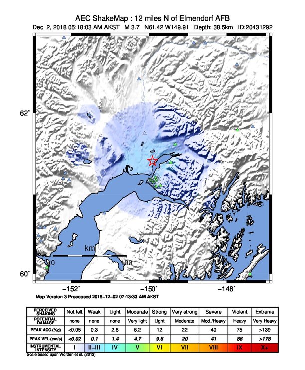 USGS ShakeMap: estimated shaking intensity around the epicenter