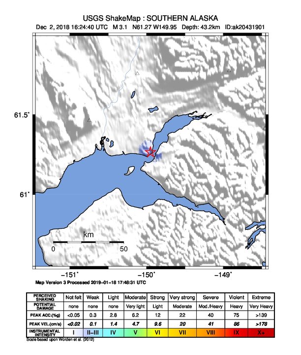 USGS ShakeMap: estimated shaking intensity around the epicenter