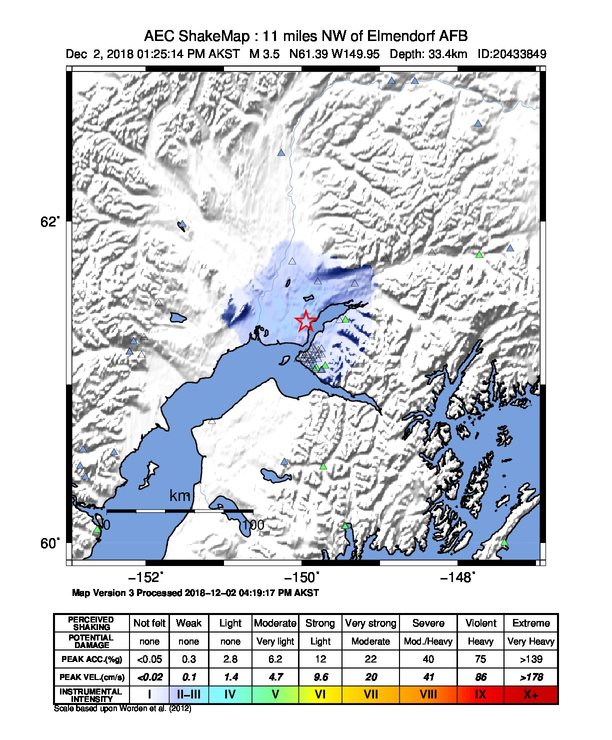USGS ShakeMap: estimated shaking intensity around the epicenter