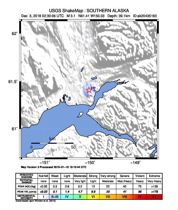 USGS ShakeMap: estimated shaking intensity around the epicenter