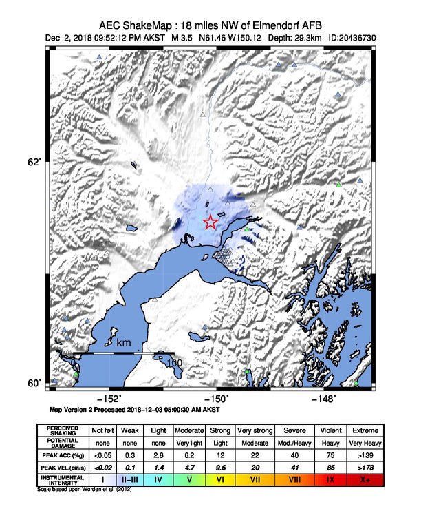 USGS ShakeMap: estimated shaking intensity around the epicenter