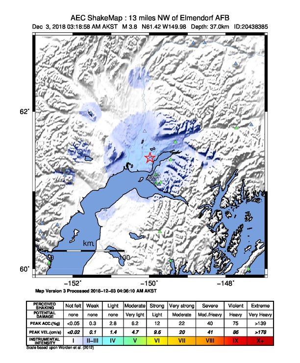 USGS ShakeMap: estimated shaking intensity around the epicenter