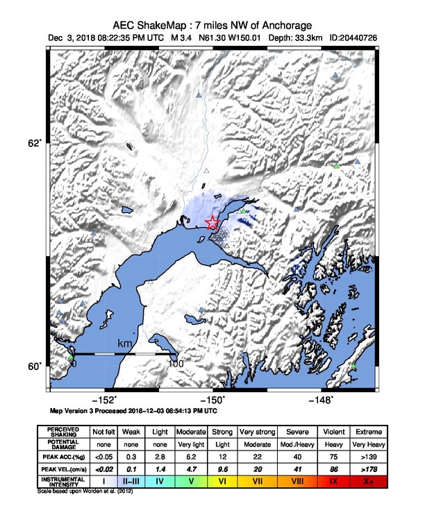 USGS ShakeMap: estimated shaking intensity around the epicenter