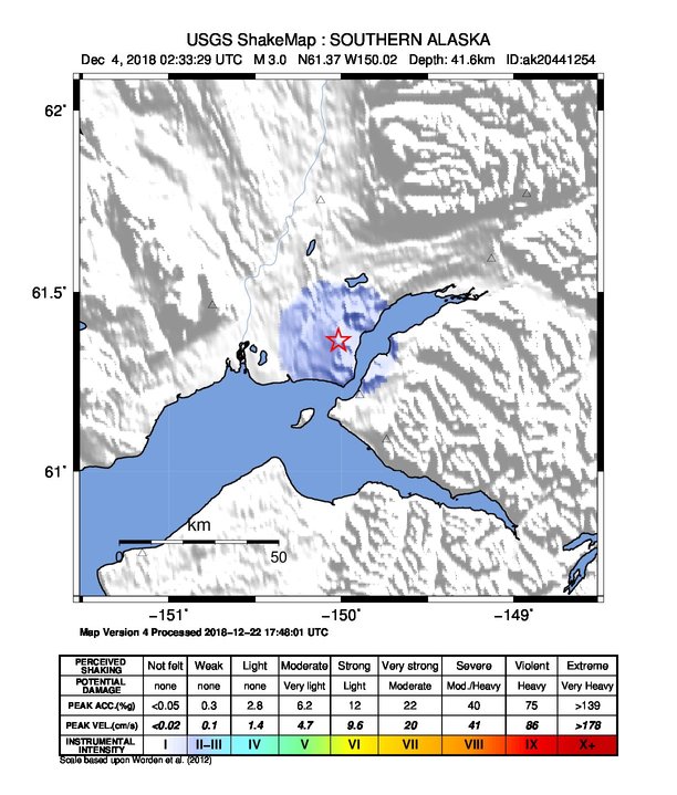USGS ShakeMap: estimated shaking intensity around the epicenter