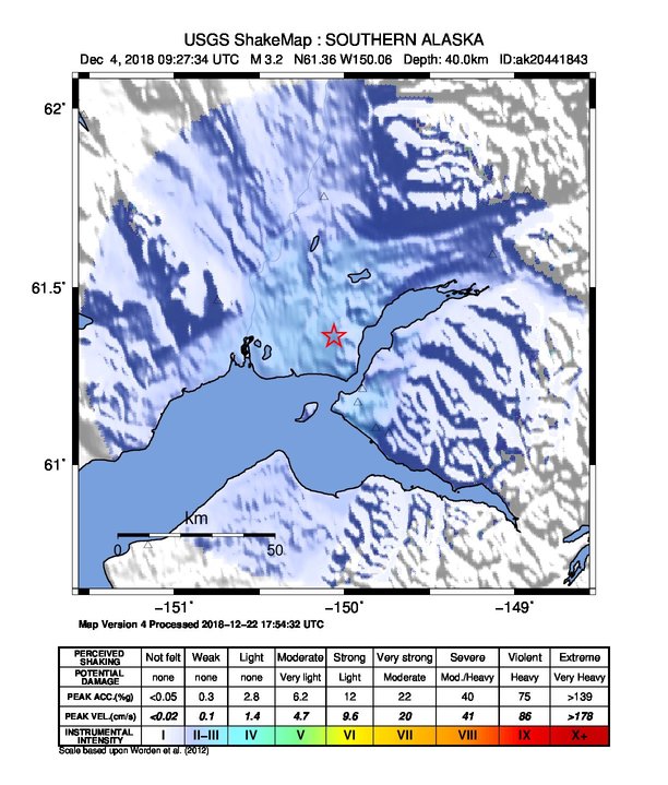 USGS ShakeMap: estimated shaking intensity around the epicenter