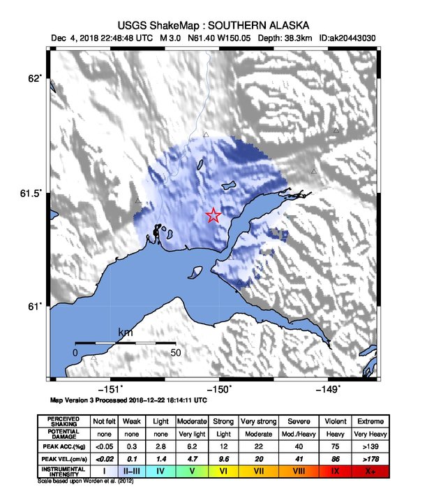 USGS ShakeMap: estimated shaking intensity around the epicenter