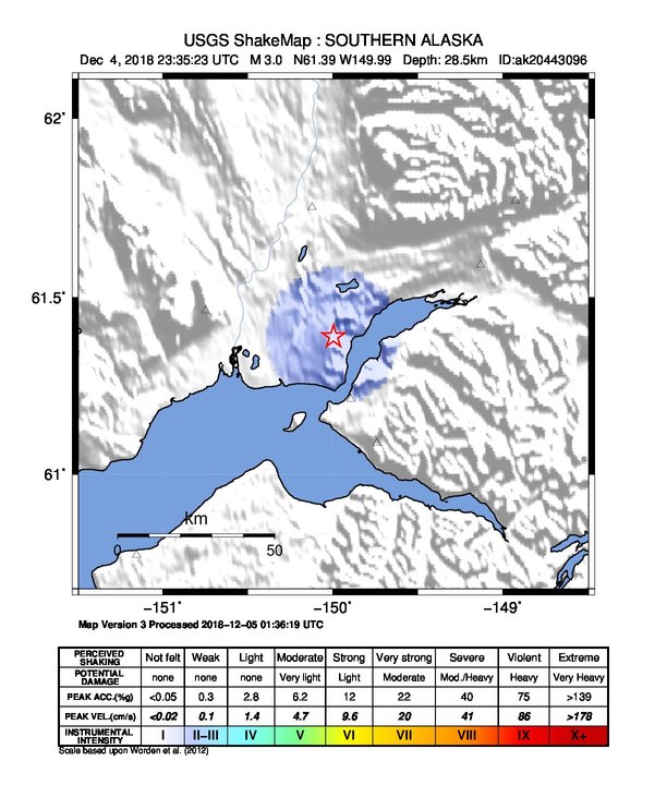 USGS ShakeMap: estimated shaking intensity around the epicenter