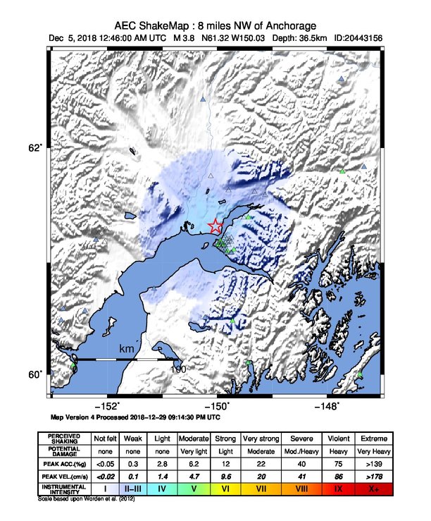 USGS ShakeMap: estimated shaking intensity around the epicenter