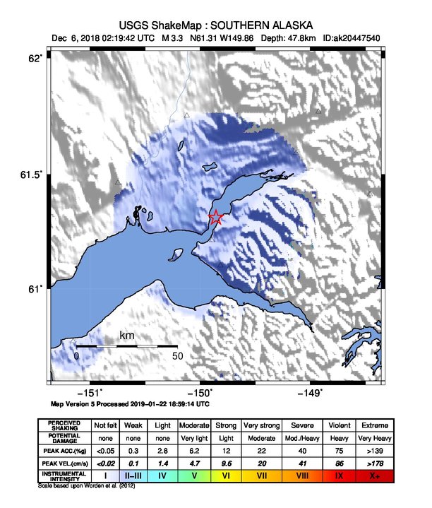 USGS ShakeMap: estimated shaking intensity around the epicenter