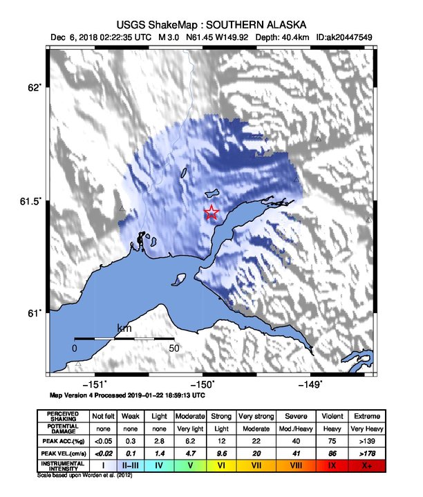 USGS ShakeMap: estimated shaking intensity around the epicenter