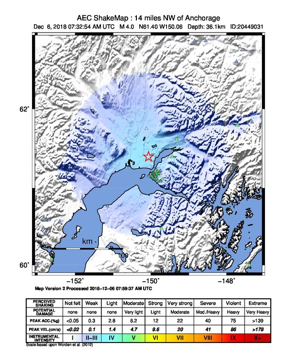 USGS ShakeMap: estimated shaking intensity around the epicenter