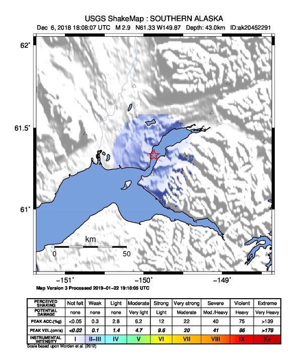 USGS ShakeMap: estimated shaking intensity around the epicenter