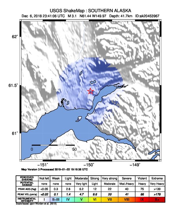 USGS ShakeMap: estimated shaking intensity around the epicenter