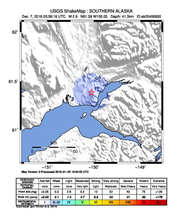 USGS ShakeMap: estimated shaking intensity around the epicenter