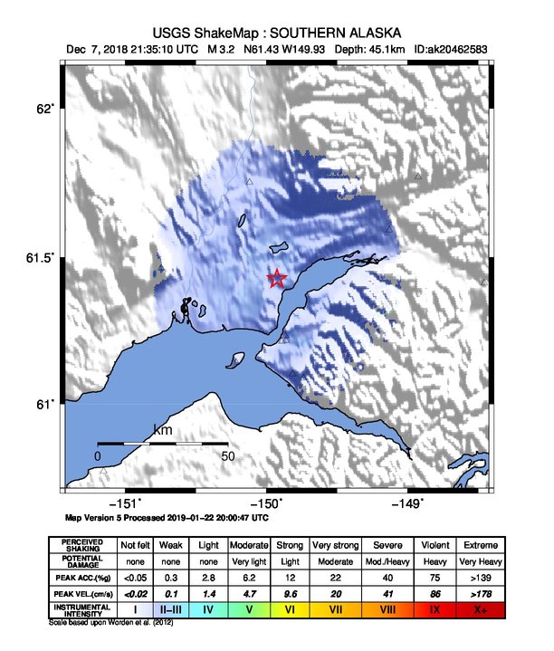 USGS ShakeMap: estimated shaking intensity around the epicenter