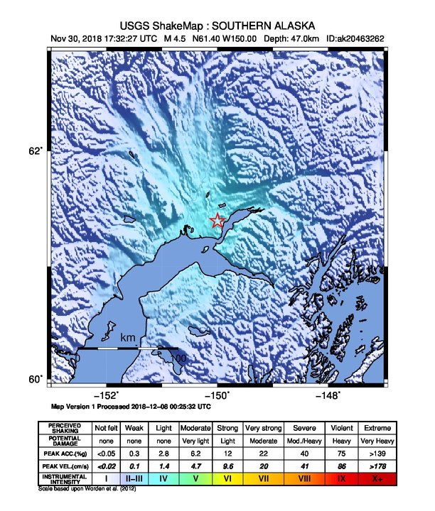 USGS ShakeMap: estimated shaking intensity around the epicenter
