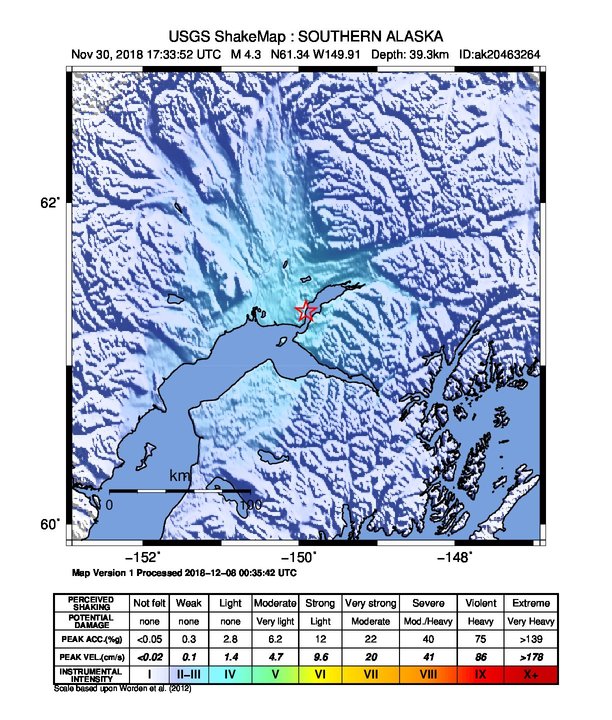 USGS ShakeMap: estimated shaking intensity around the epicenter