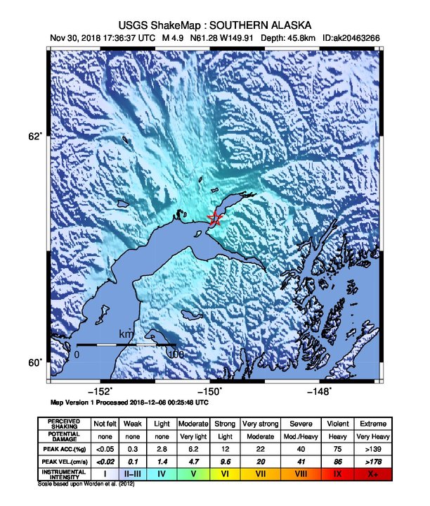 USGS ShakeMap: estimated shaking intensity around the epicenter