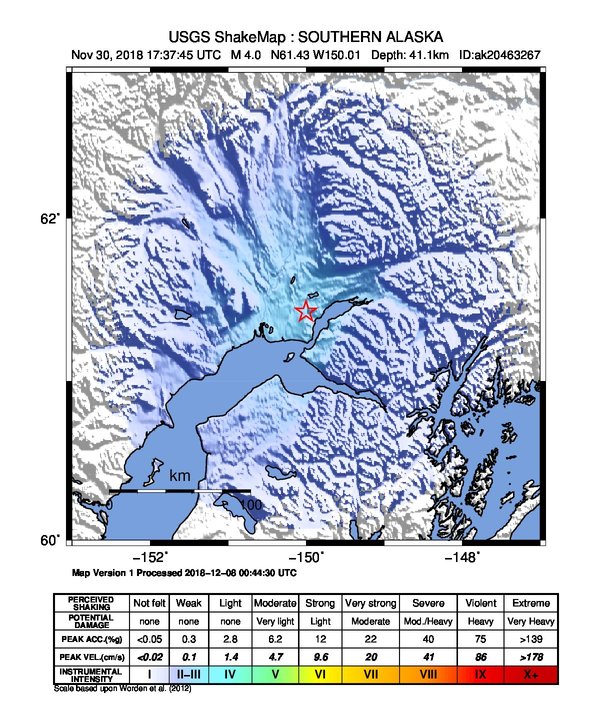 USGS ShakeMap: estimated shaking intensity around the epicenter