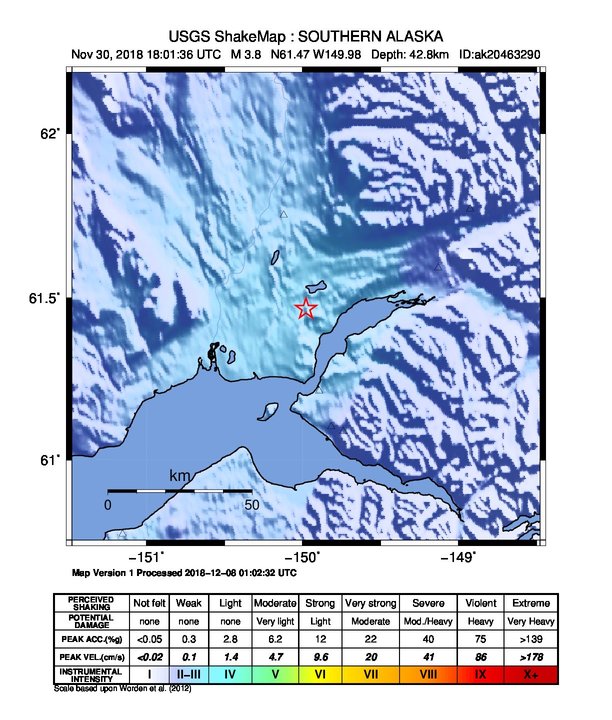 USGS ShakeMap: estimated shaking intensity around the epicenter