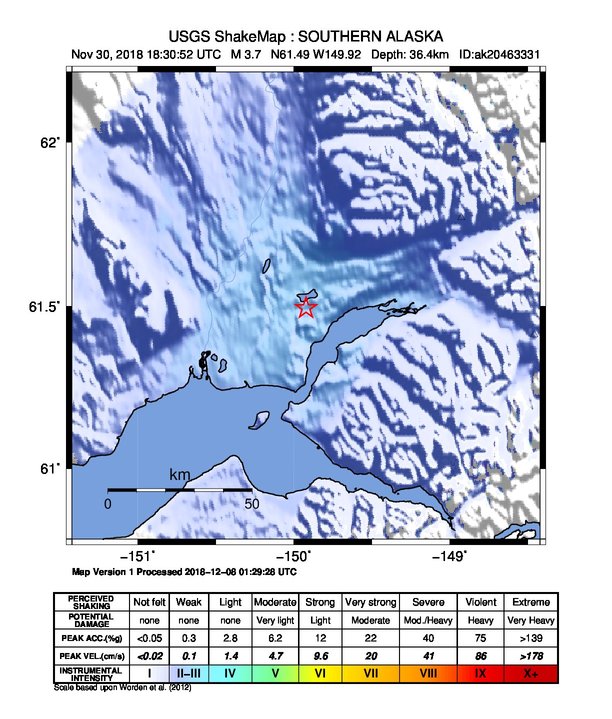 USGS ShakeMap: estimated shaking intensity around the epicenter