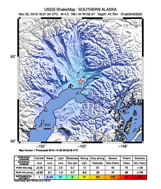 USGS ShakeMap: estimated shaking intensity around the epicenter